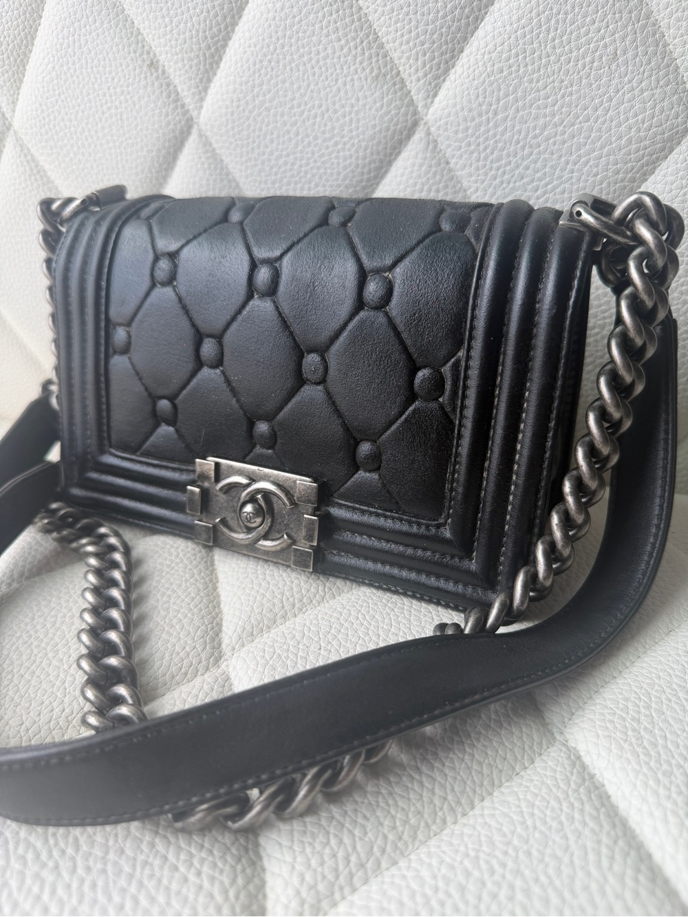 CHANEL Black Quilted Boy Crossbody Ruth hardware. Small boy.